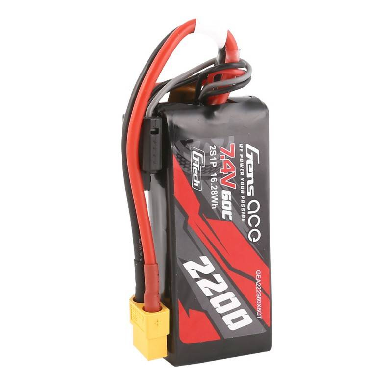 Batteria nera con fili rossi e grigi, 7,4V 60C, 2200mAh.