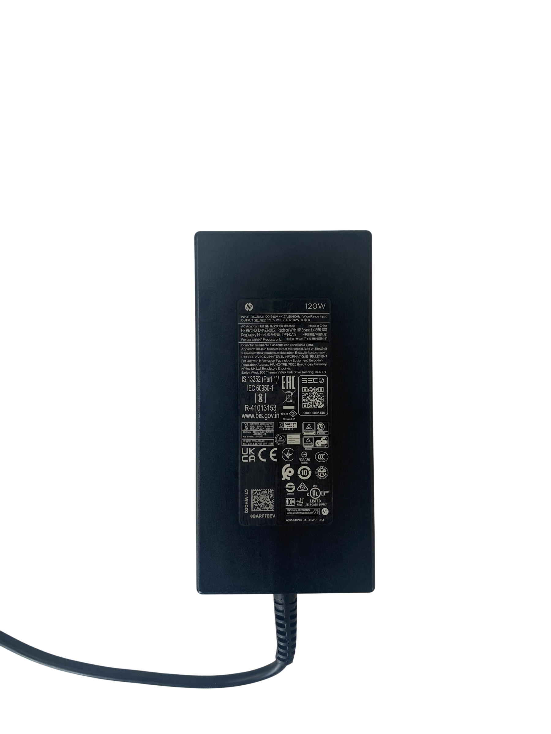 Schwarzes HP Netzteil, 120W, mit vielen Zertifizierungslogos und Beschriftungen.