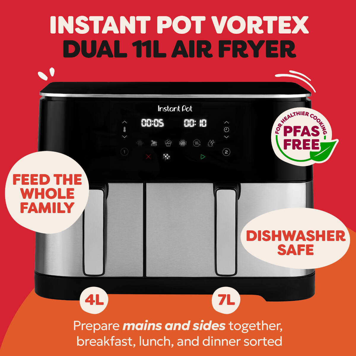 Czarna frytkownica beztłuszczowa Instant Pot Vortex Dual 11L z koszami 4L i 7L.