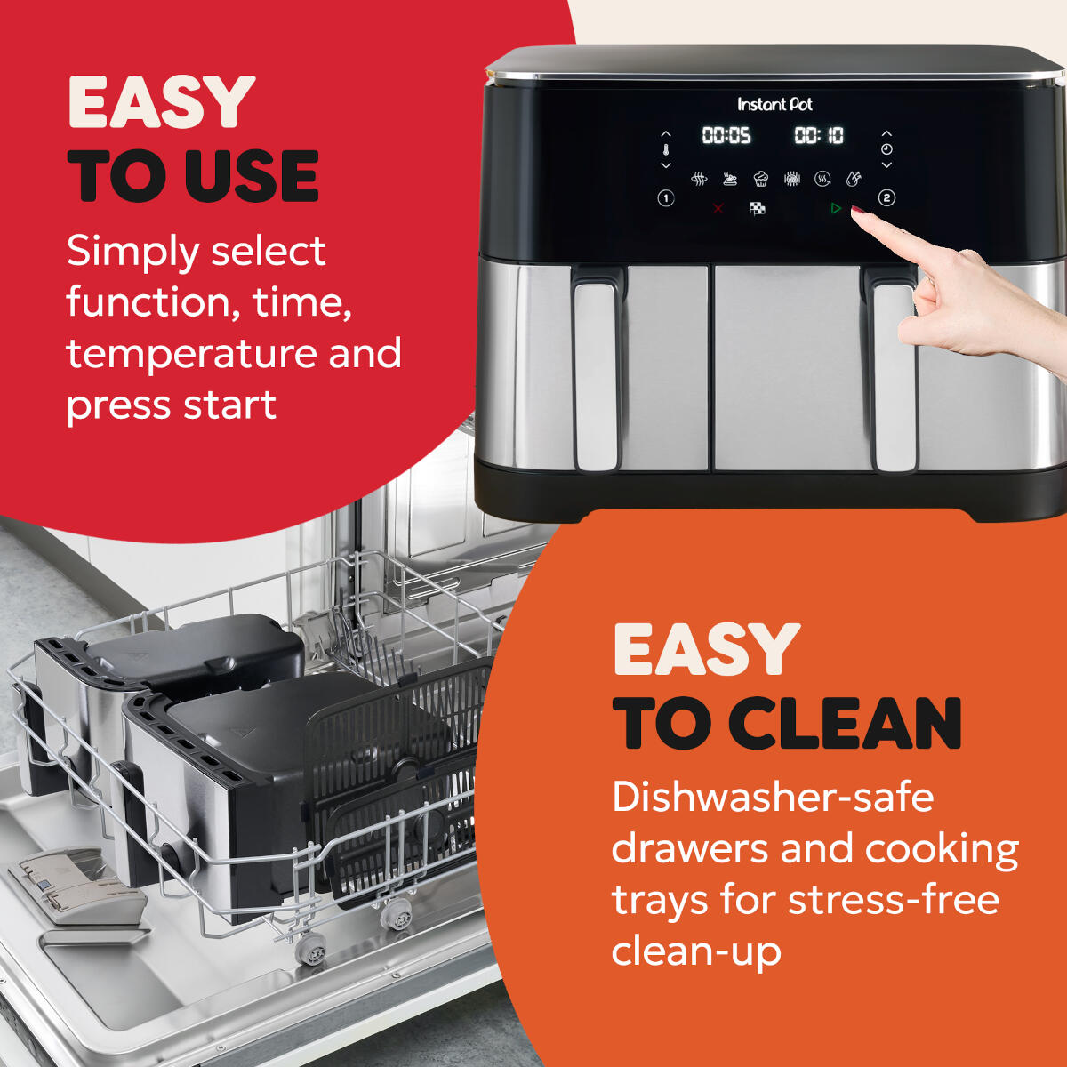 Instant Pot z dwiema szufladami obok otwartej zmywarki.