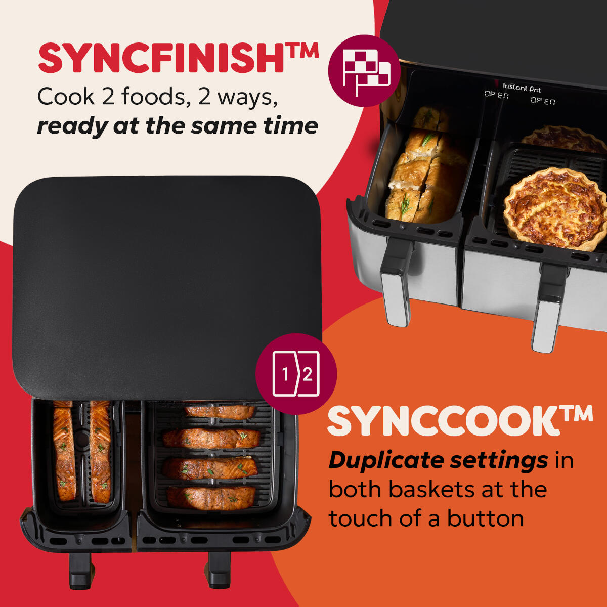 Podwójna frytkownica beztłuszczowa z łososiem i quiche; funkcje SyncFinish i SyncCook.