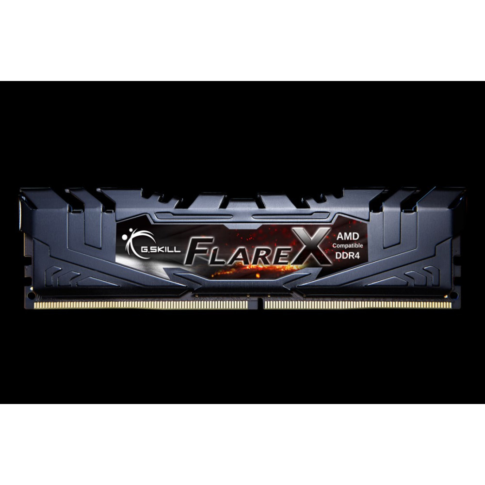Szary moduł RAM G.Skill DDR4 z napisem "Flare X" i kompatybilnością AMD.