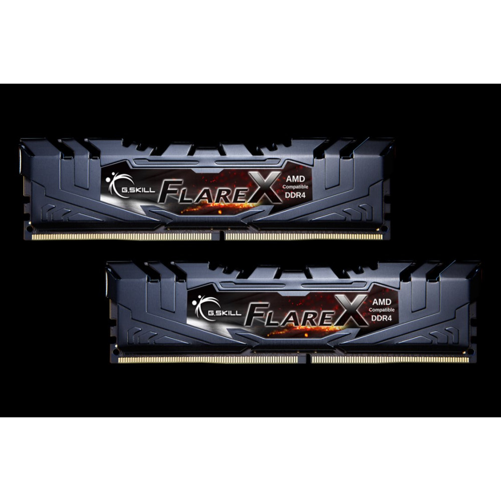 Dwa moduły RAM G.Skill Flare X DDR4, kompatybilne z AMD, na czarnym tle.