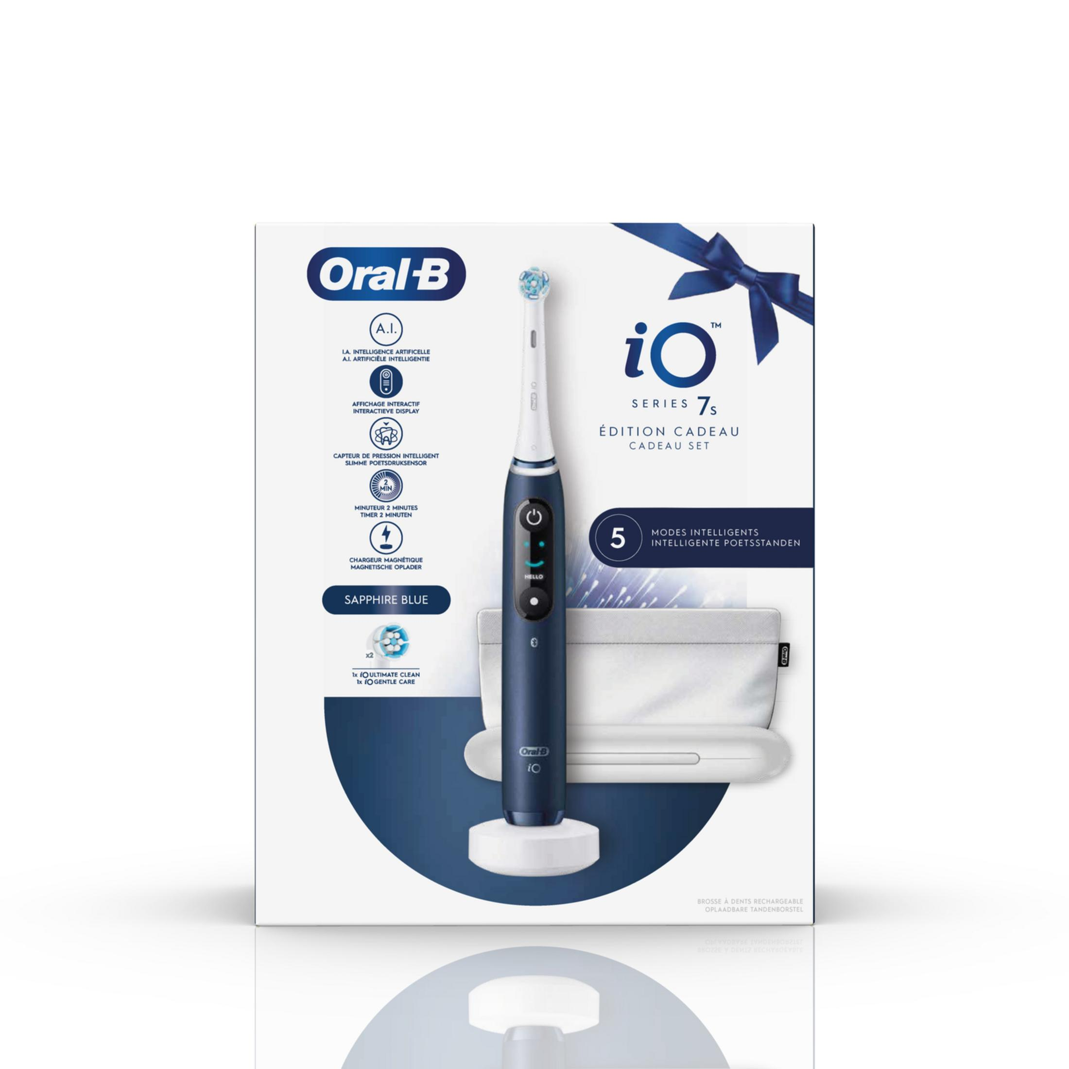 Confezione di uno spazzolino elettrico blu Oral-B iO Series 7S con accessori.