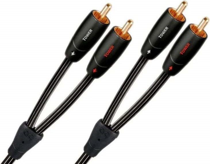 Cztery czarne kable audio RCA ze złotymi złączami i oznaczeniem "TOWER".