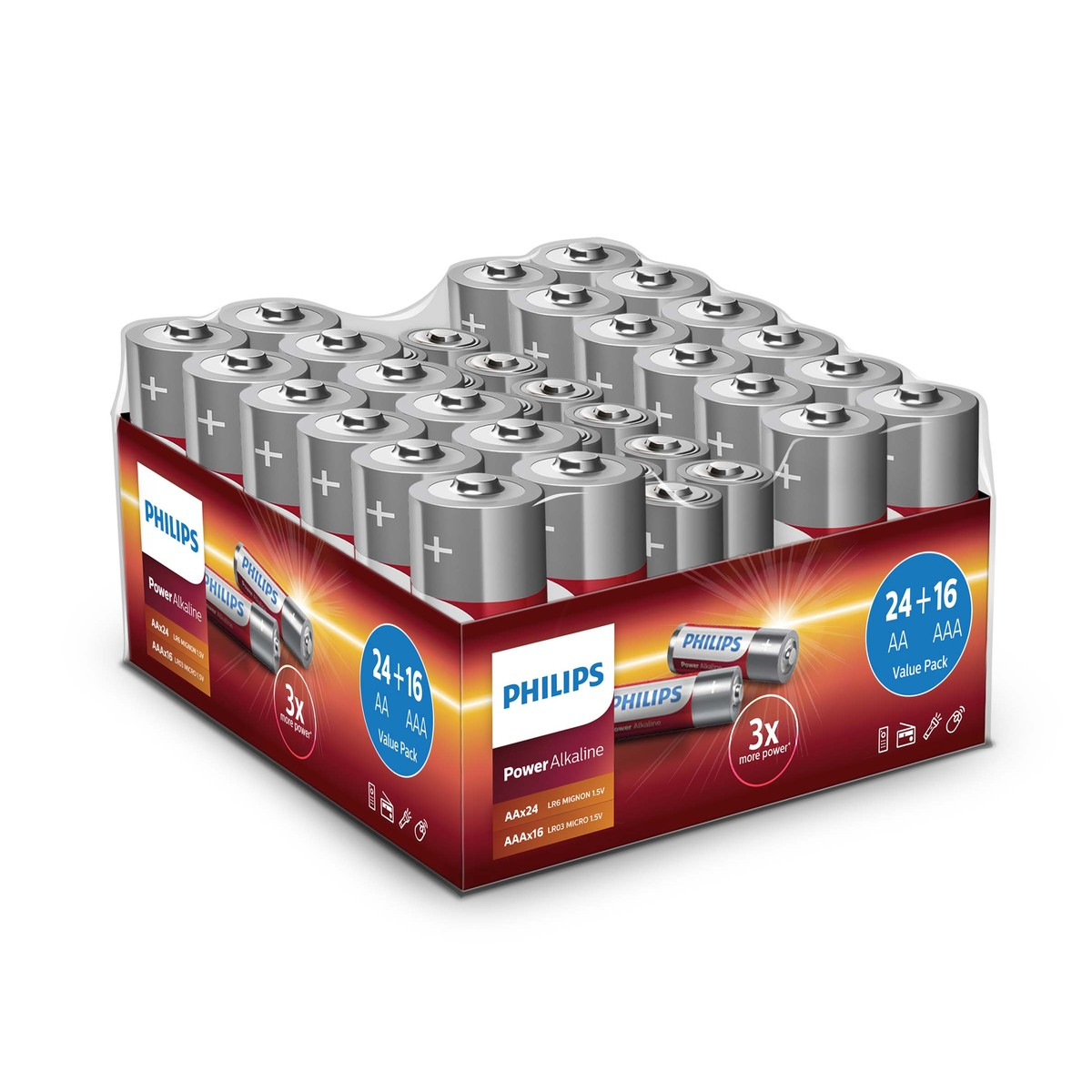 A pack of Philips AA and AAA alkaline batteries, 24+16 count.