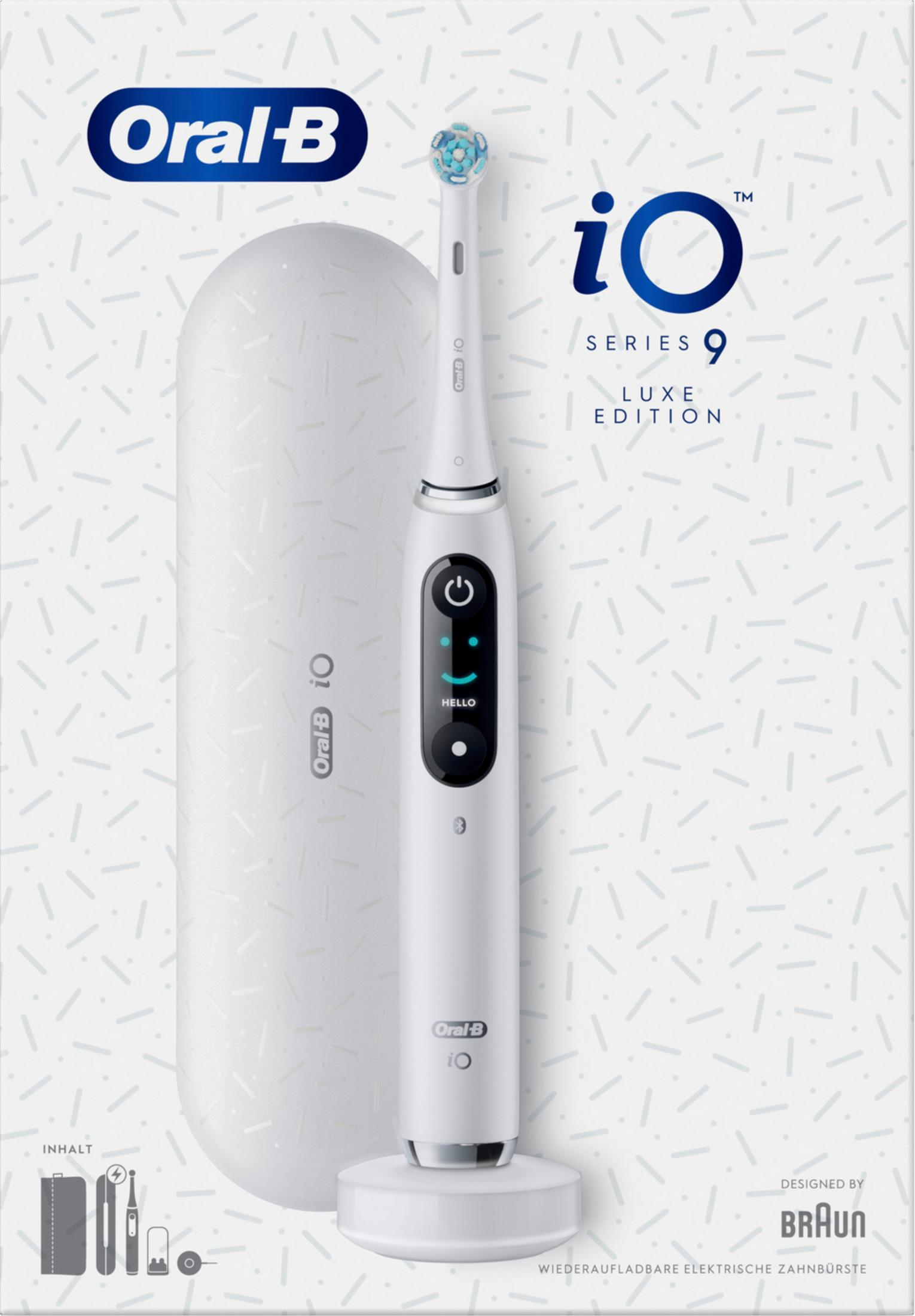 Spazzolino elettrico Oral-B iO Series 9 Luxe Edition bianco con custodia da viaggio.