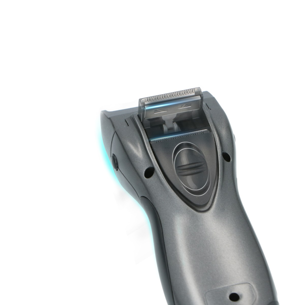 Close-up of a gray trimmer with blades and blue light.