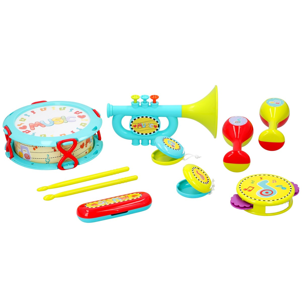 Colorful toy musical instrument set with drum, trumpet, maracas, castanets, tambourine, and drumsticks.