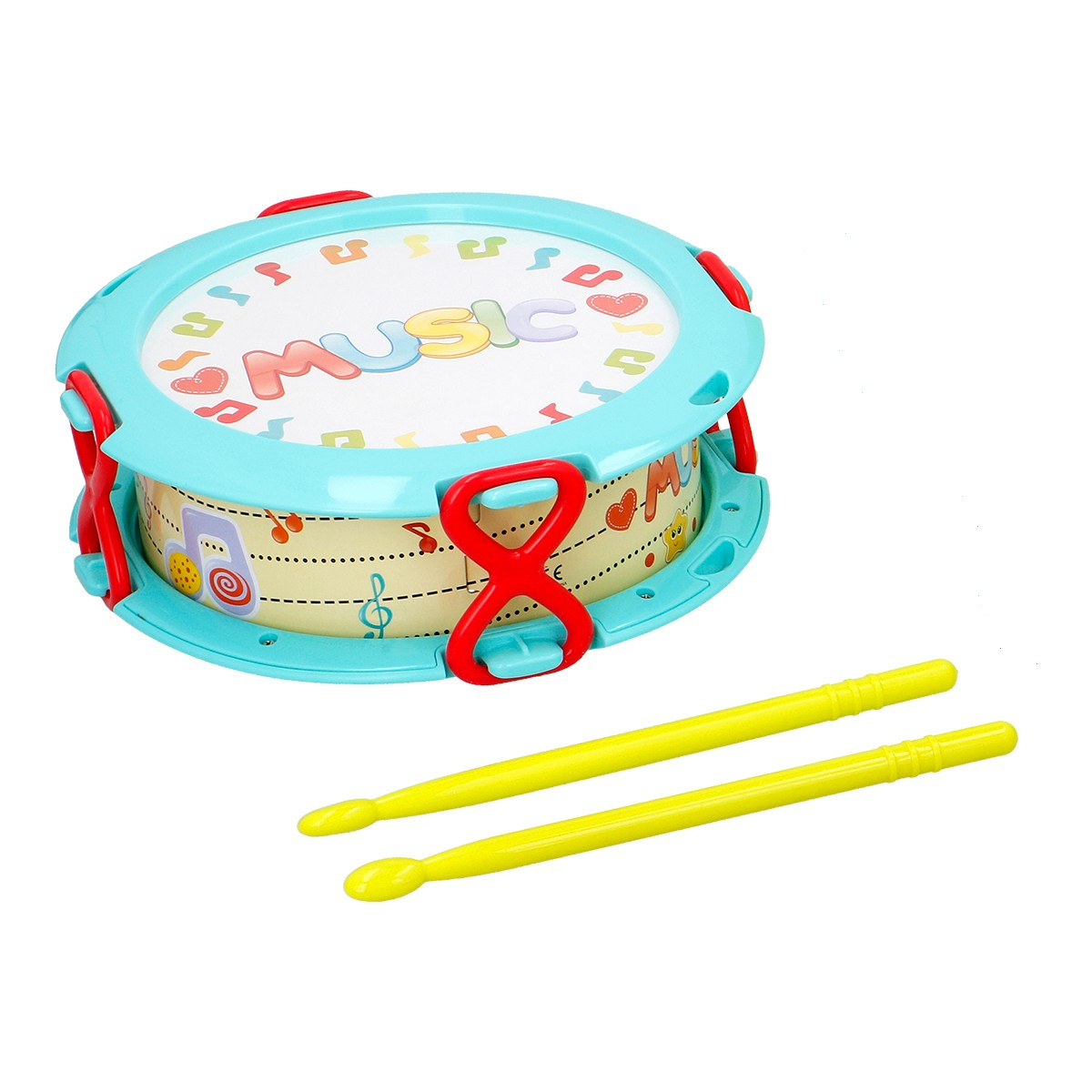 A turquoise toy drum with red handles and drumsticks.