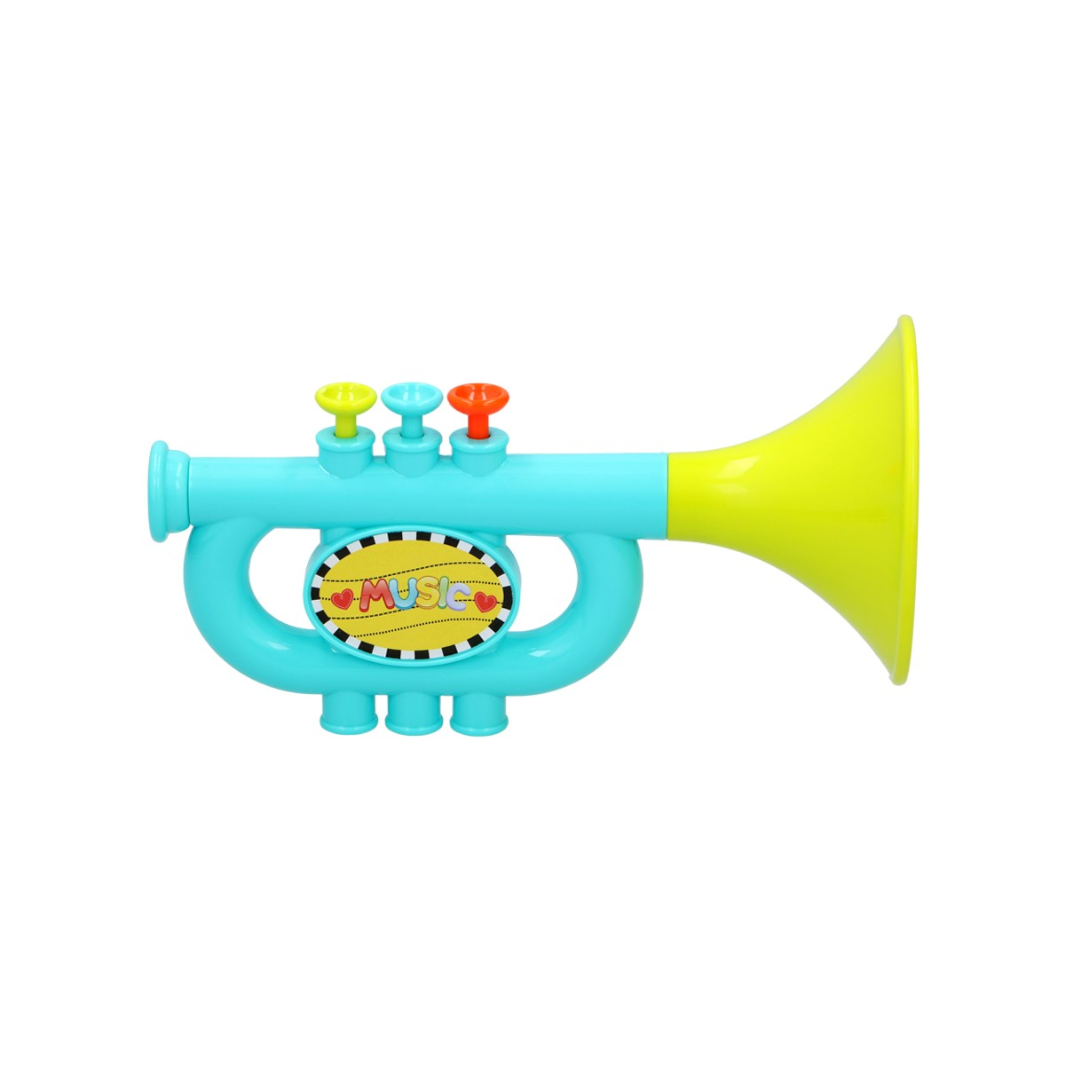 A turquoise toy trumpet with a yellow bell and colorful buttons. Oval sticker says MUSIC.