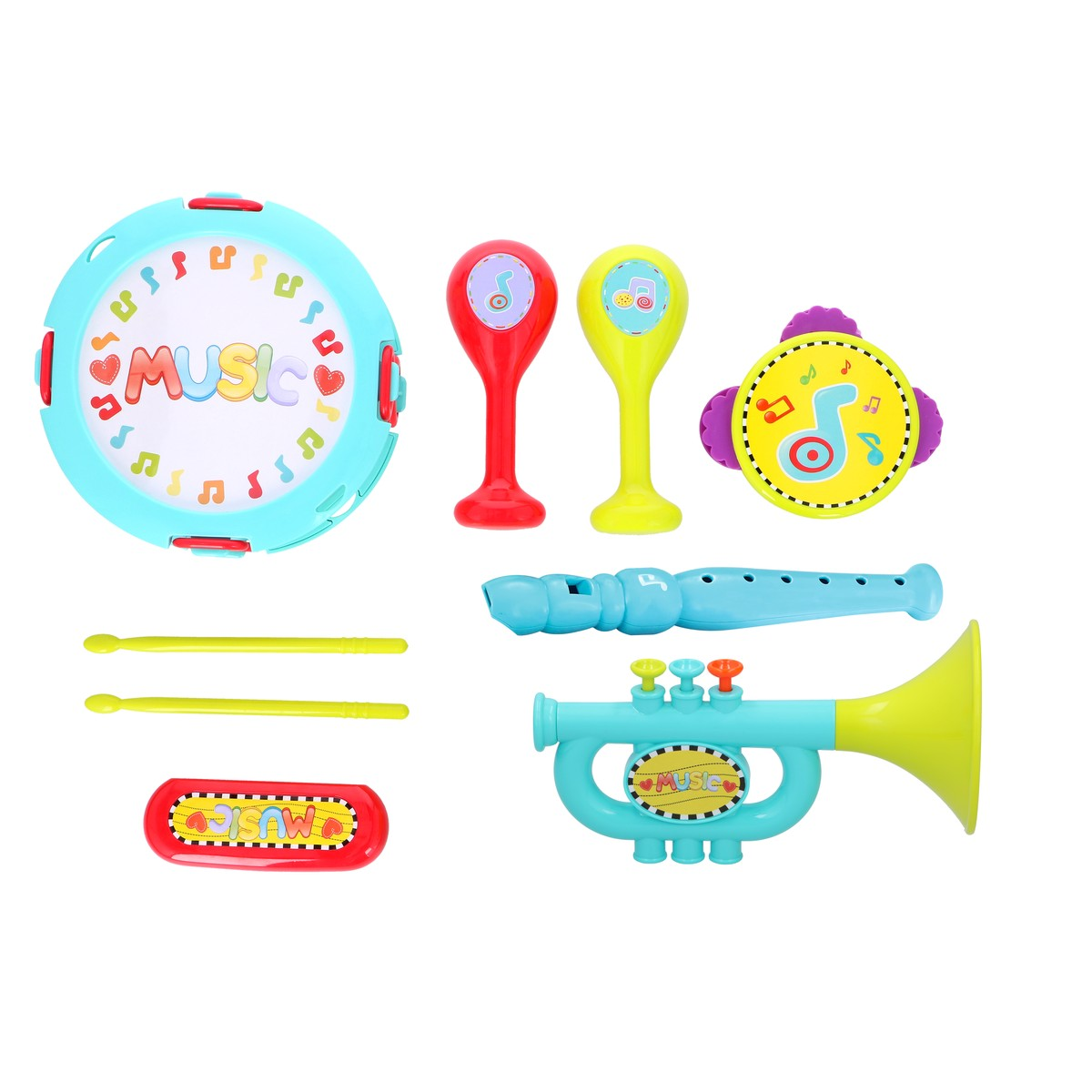 Toy musical instruments: drum, maracas, flute, trumpet, drumsticks.