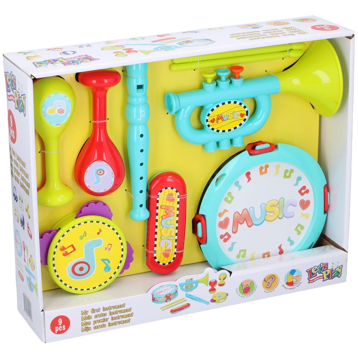 A set of musical toy instruments: trumpet, flute, drum, maracas.