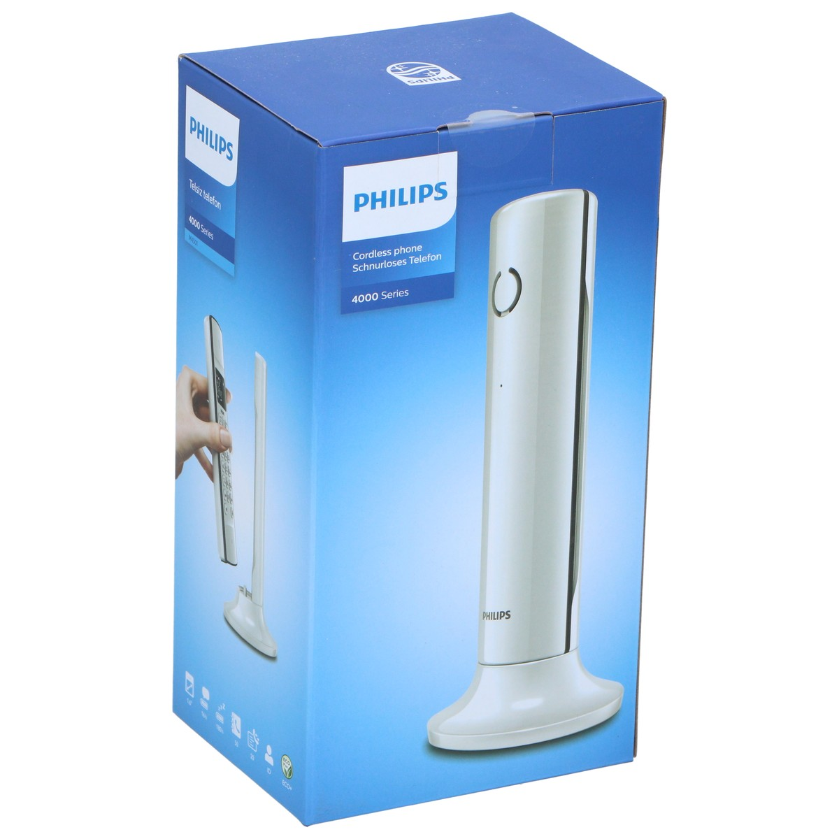 Packaging of a white Philips 4000 series cordless phone.