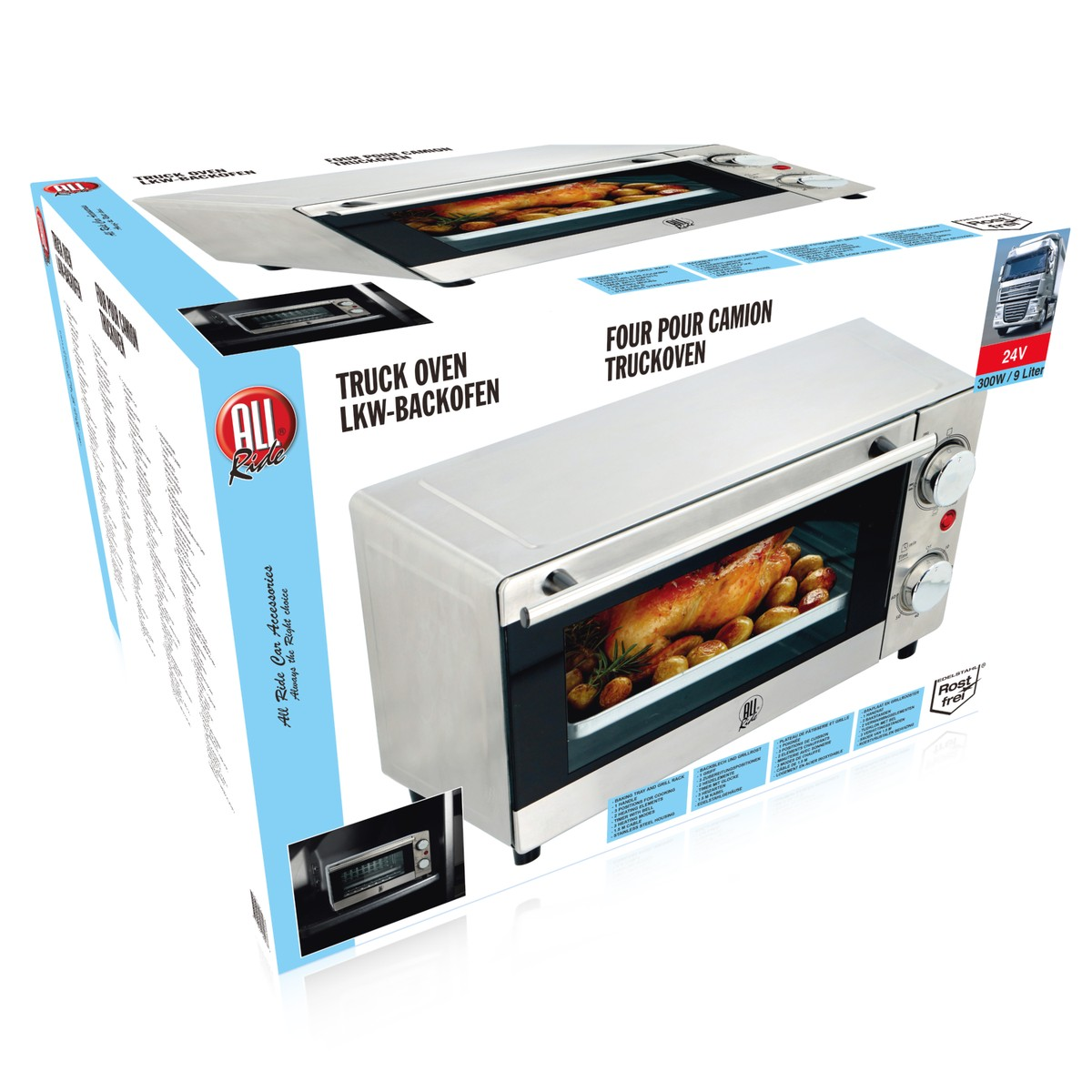 Forno camion acciaio inox con pollo arrosto e patate su teglia.