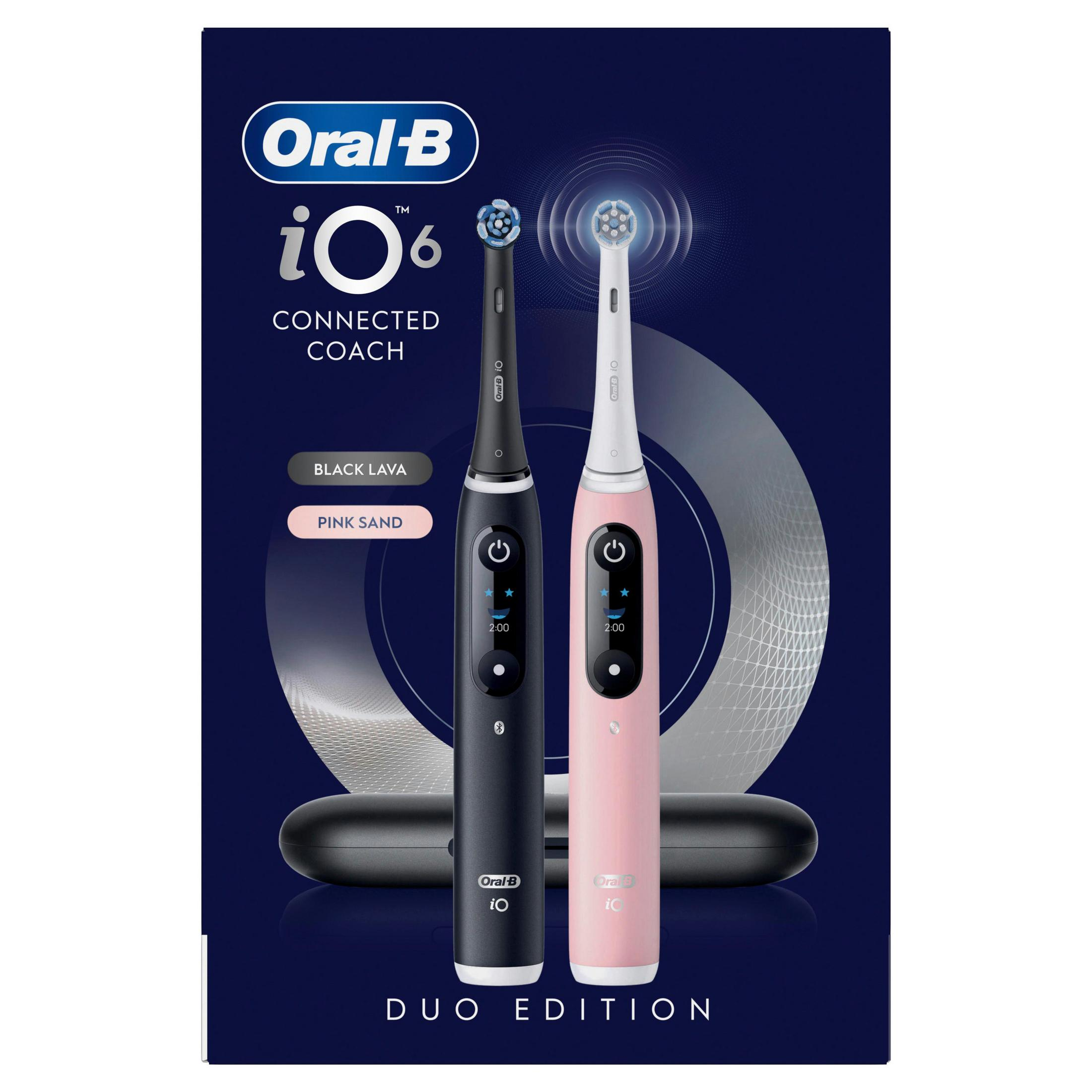 Spazzolini elettrici Oral-B iO6 Duo Edition in nero lava e rosa sabbia.