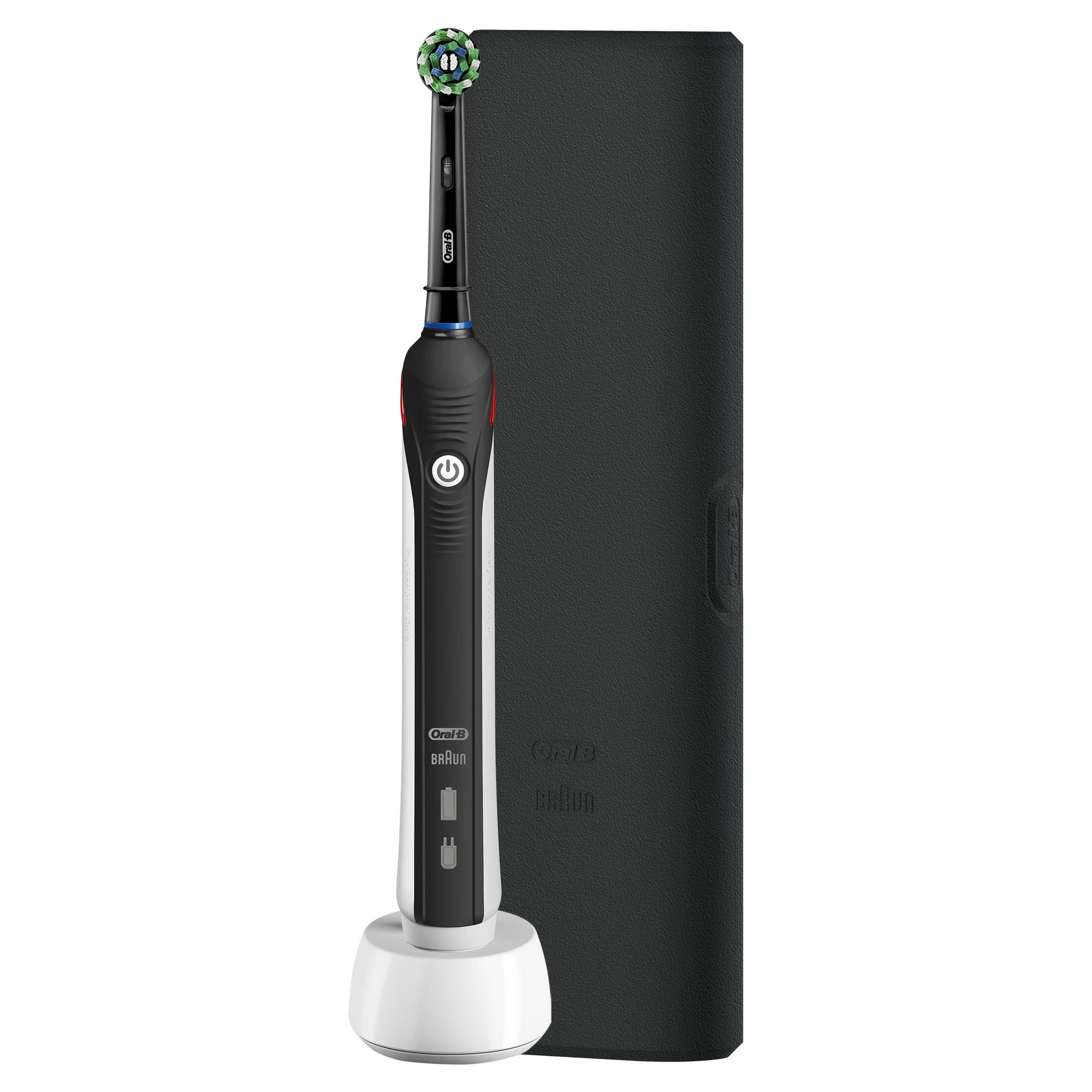 Spazzolino elettrico Oral-B nero su base bianca, accanto a custodia nera.