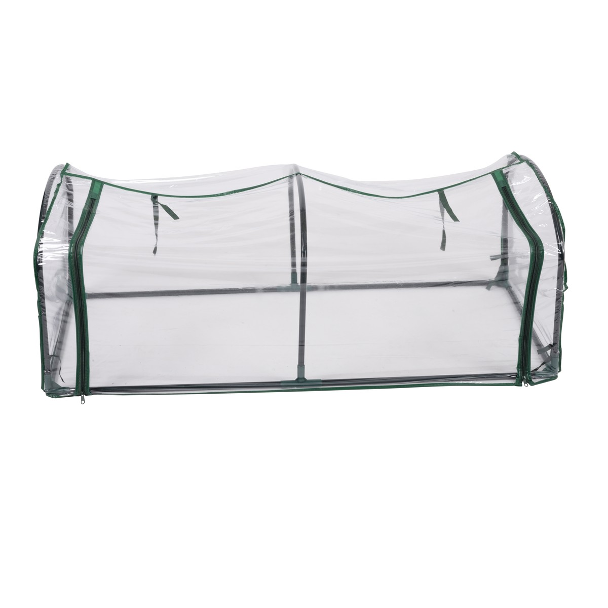 A small, portable greenhouse with a clear plastic cover and dark frame.