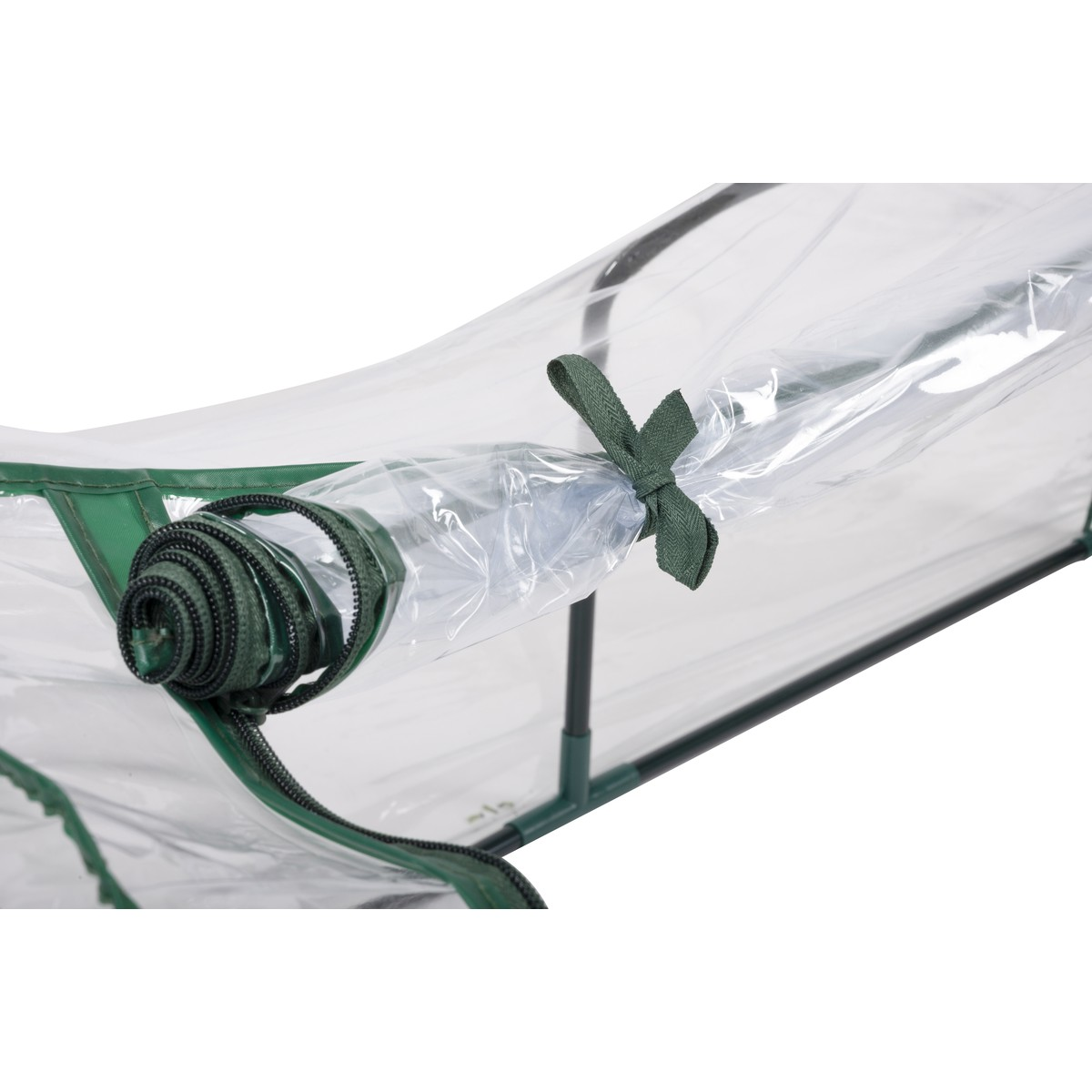 A green-framed greenhouse with a rolled-up clear plastic cover tied with a green ribbon.