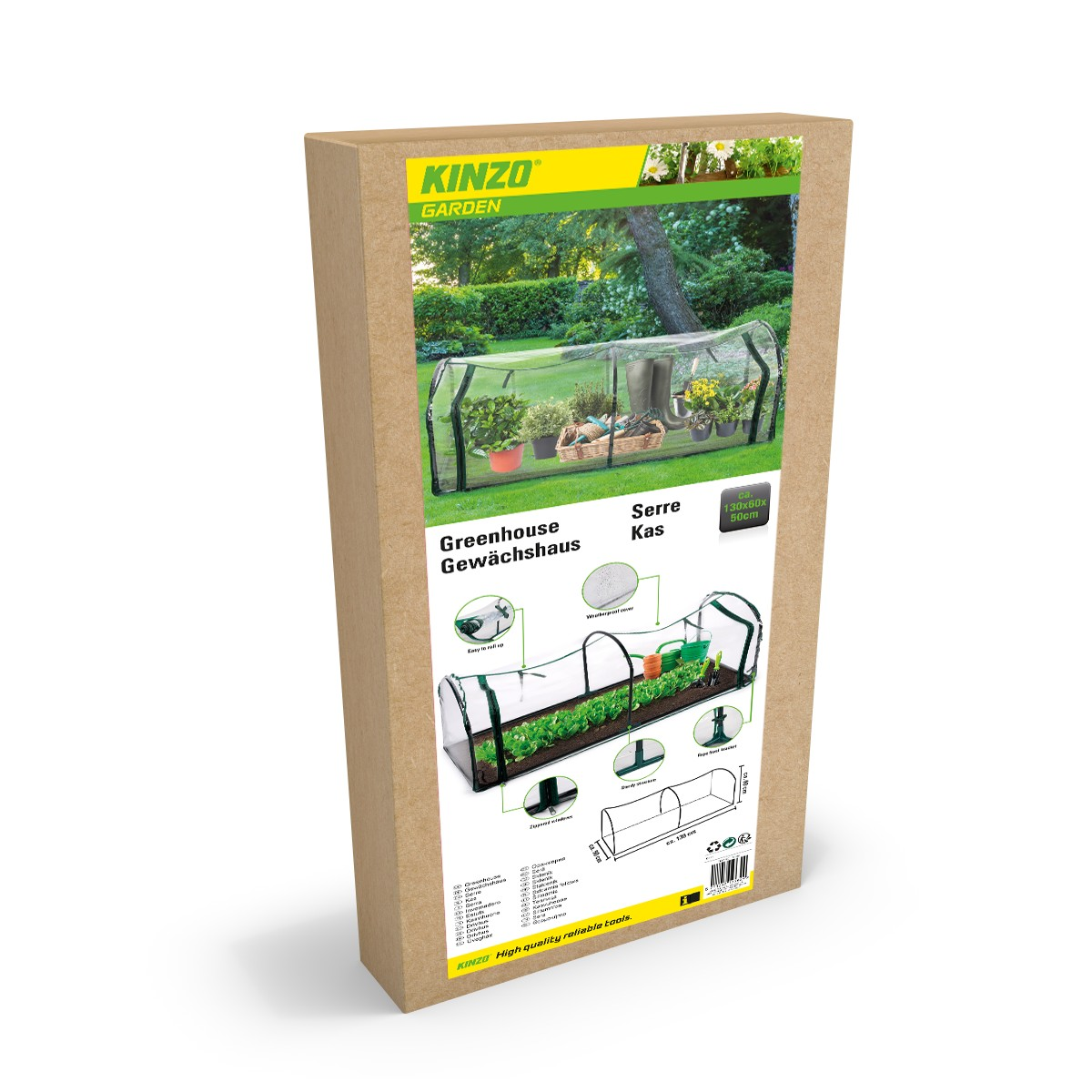 Packaging of a greenhouse with detailed illustration and dimensions.