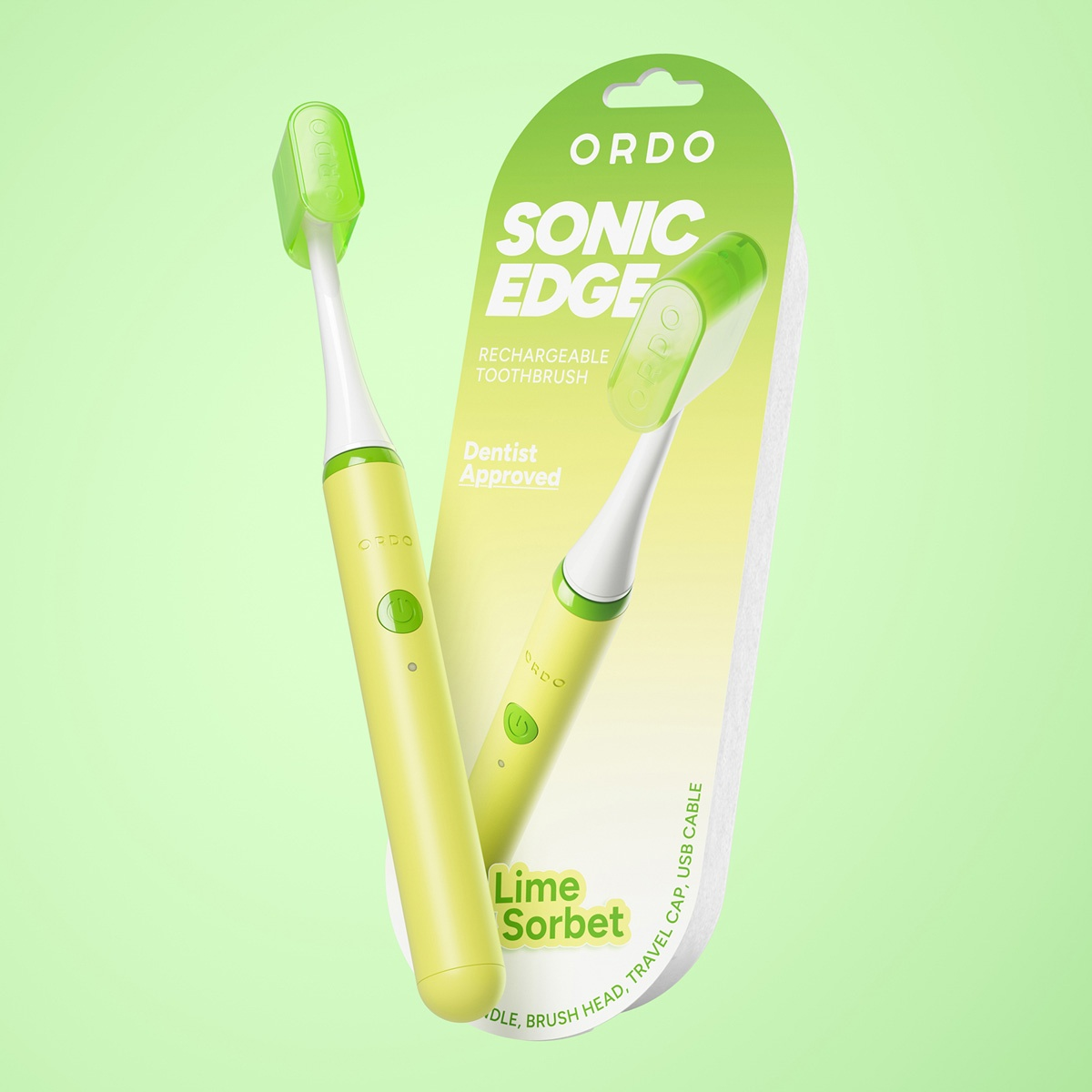 Dos cepillos de dientes eléctricos color lima en embalaje sobre fondo claro.