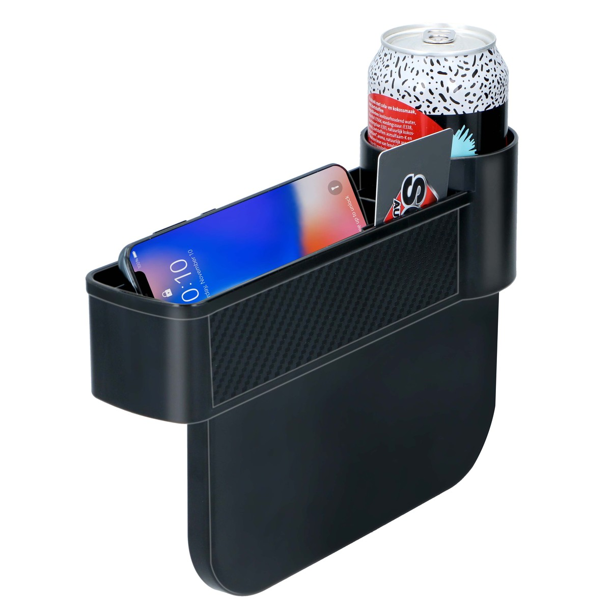 Zwarte auto-organizer met telefoon, blikje en kaarten.