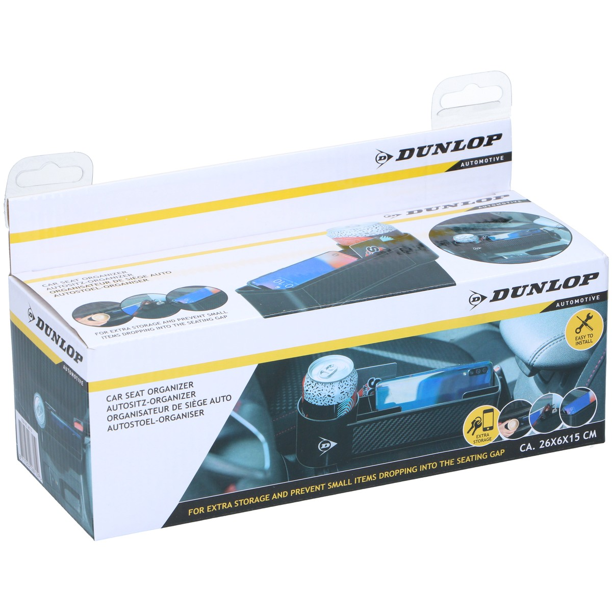 Verpakking van een Dunlop autostoel organizer met telefoon en blikje.