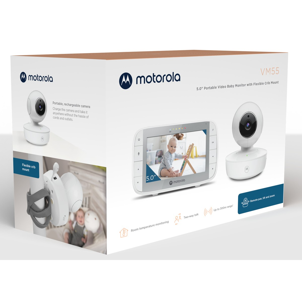 Packaging of a Motorola VM55 baby monitor with camera, display, and accessories.
