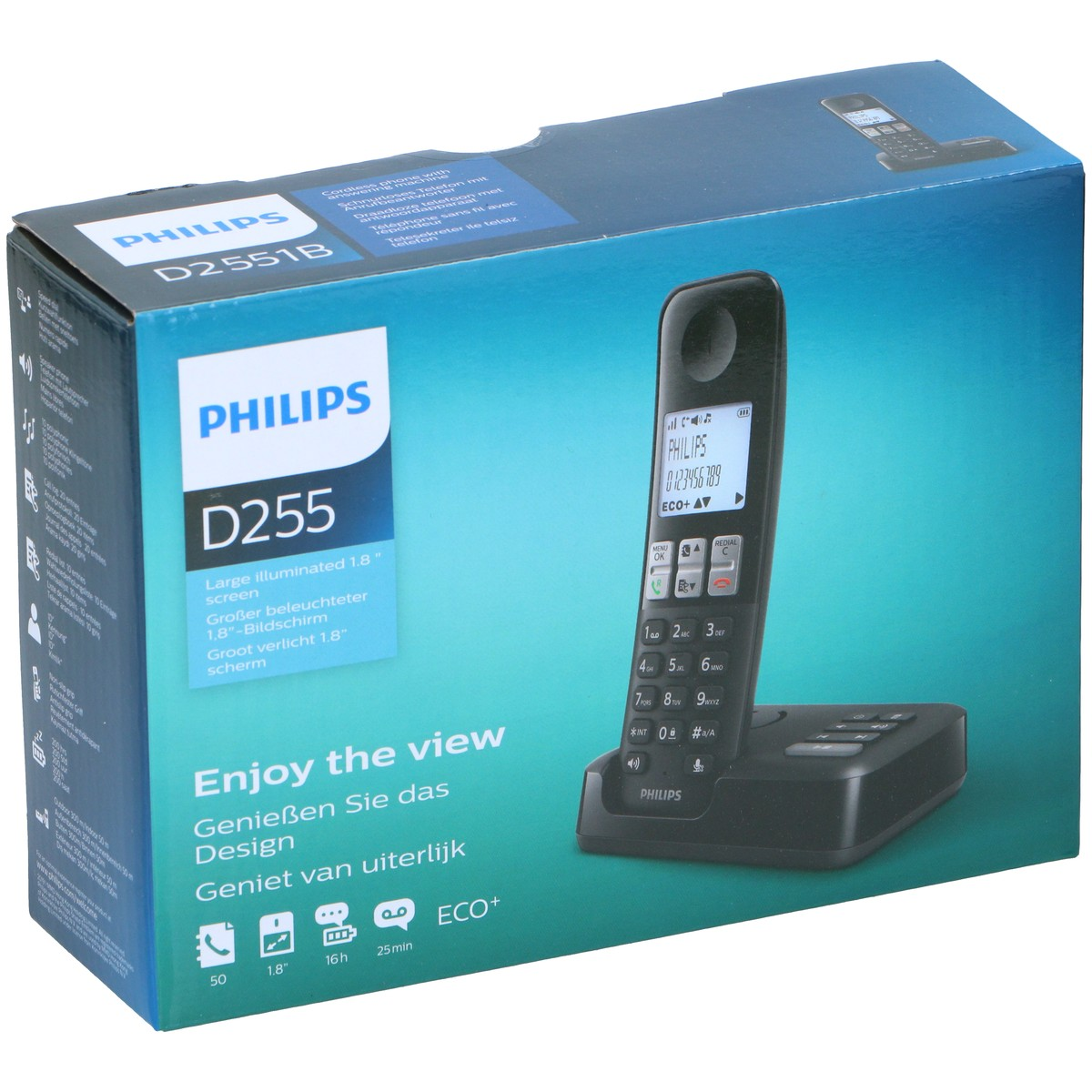 Verpackung eines schnurlosen Philips D255 Telefons mit Mobilteil und Ladestation.