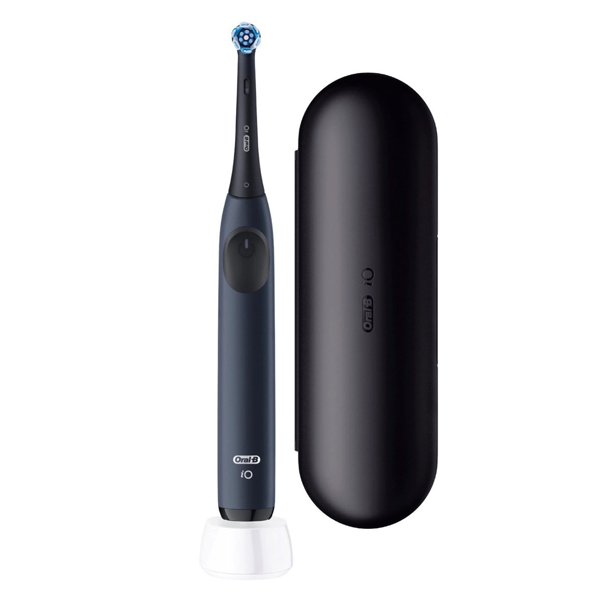 Spazzolino elettrico blu scuro con base di ricarica e custodia nera.