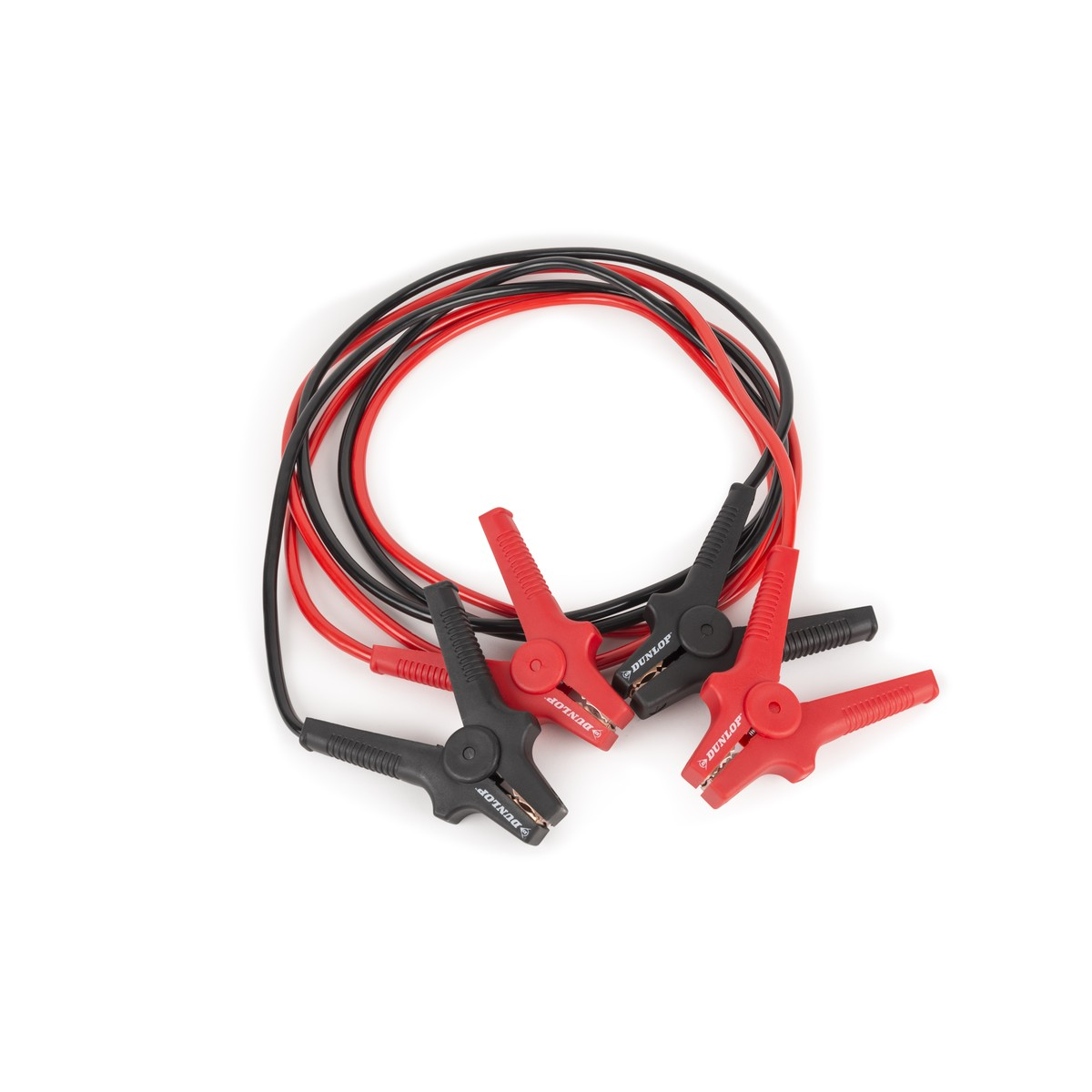 Red and black jumper cables with Dunlop branded clamps on white background.