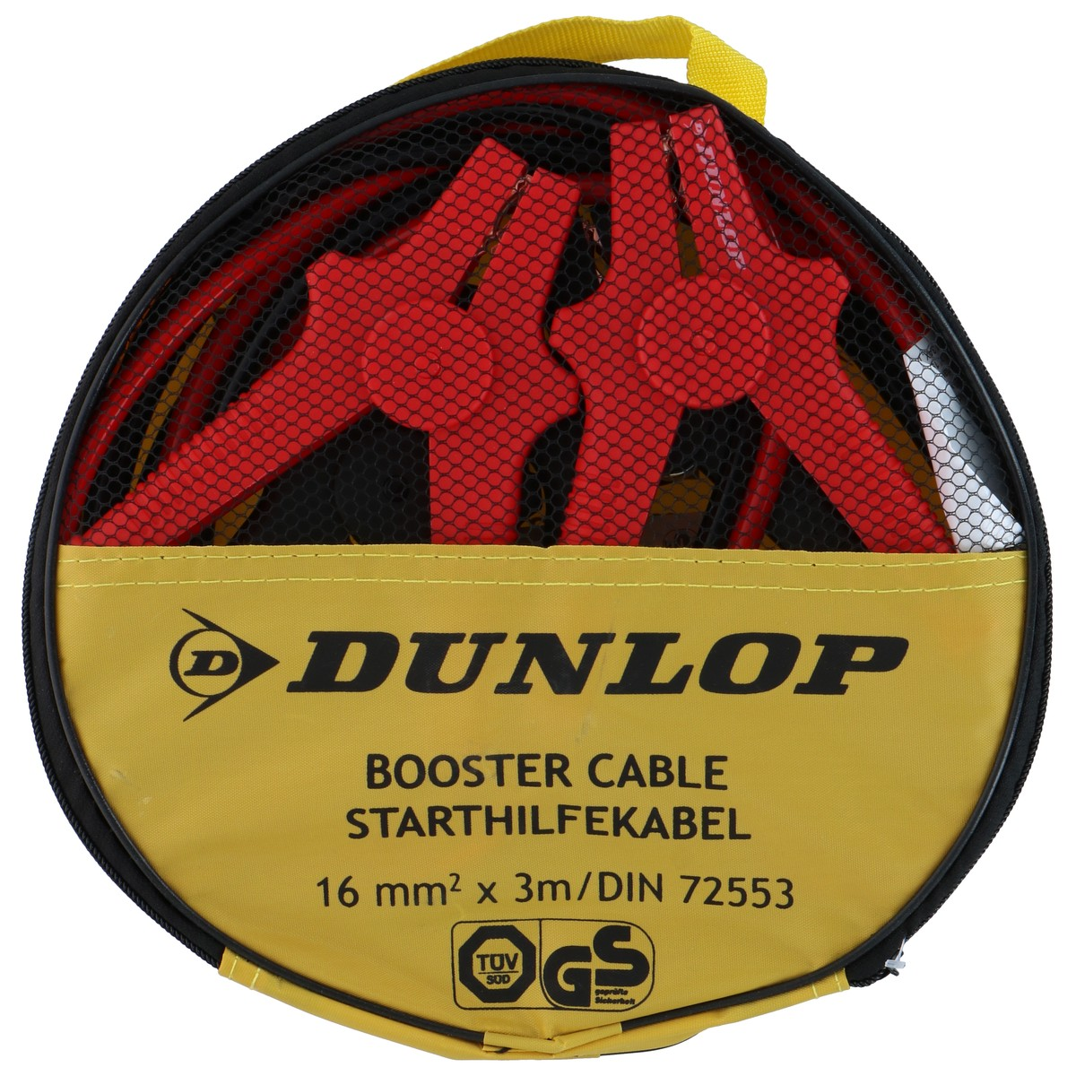 Dunlop booster cables in a round bag with red clamps.