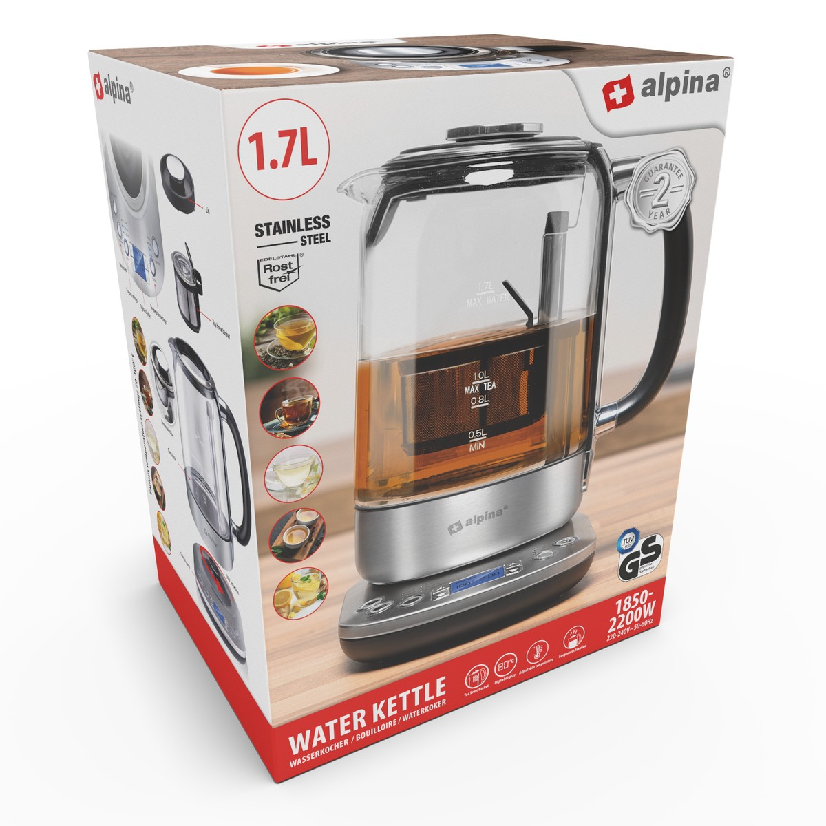 Verpackung eines 1,7L Edelstahl-Wasserkochers mit Teefunktion.