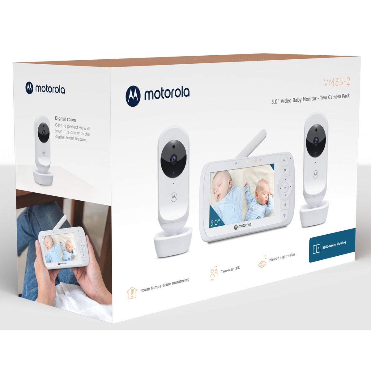 Motorola VM35-2 video baby monitor box with two cameras and a parent unit showing two babies.