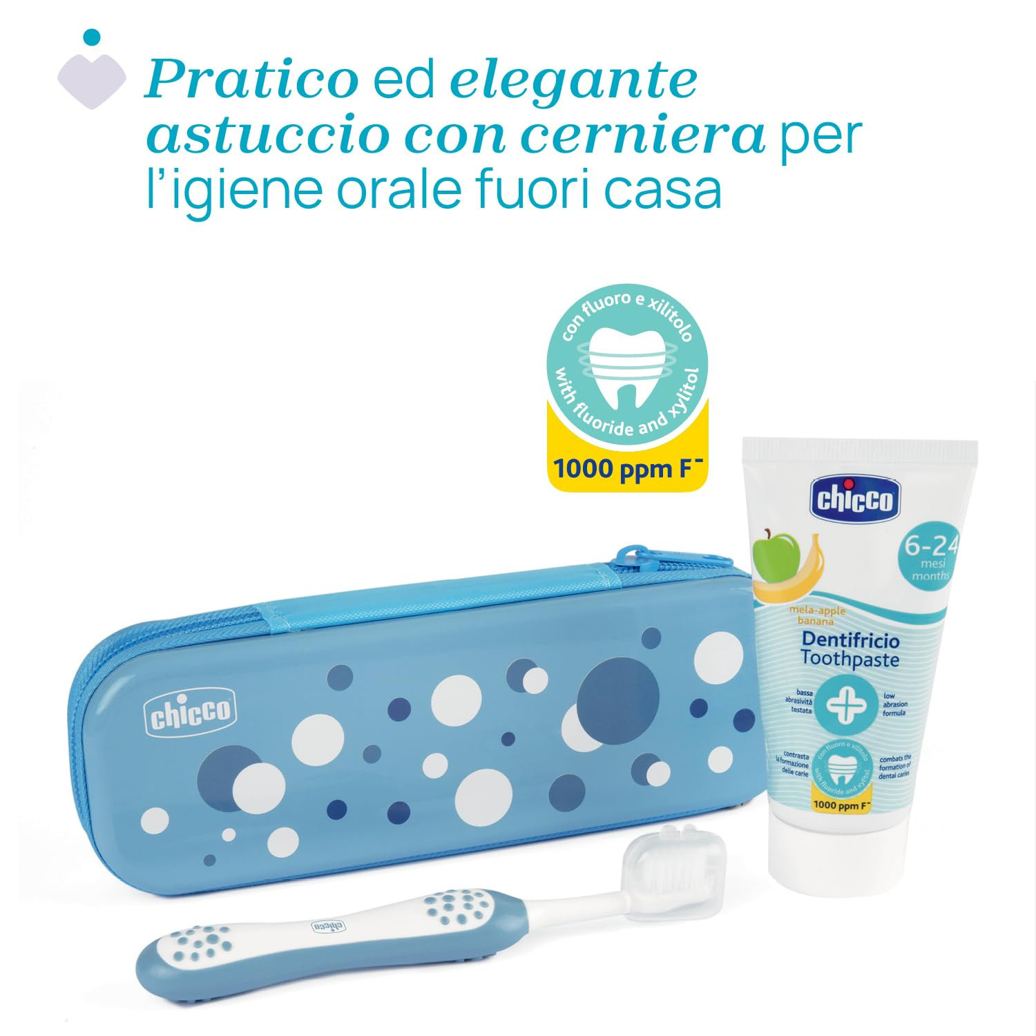 Un astuccio blu Chicco con spazzolino e dentifricio per bambini.