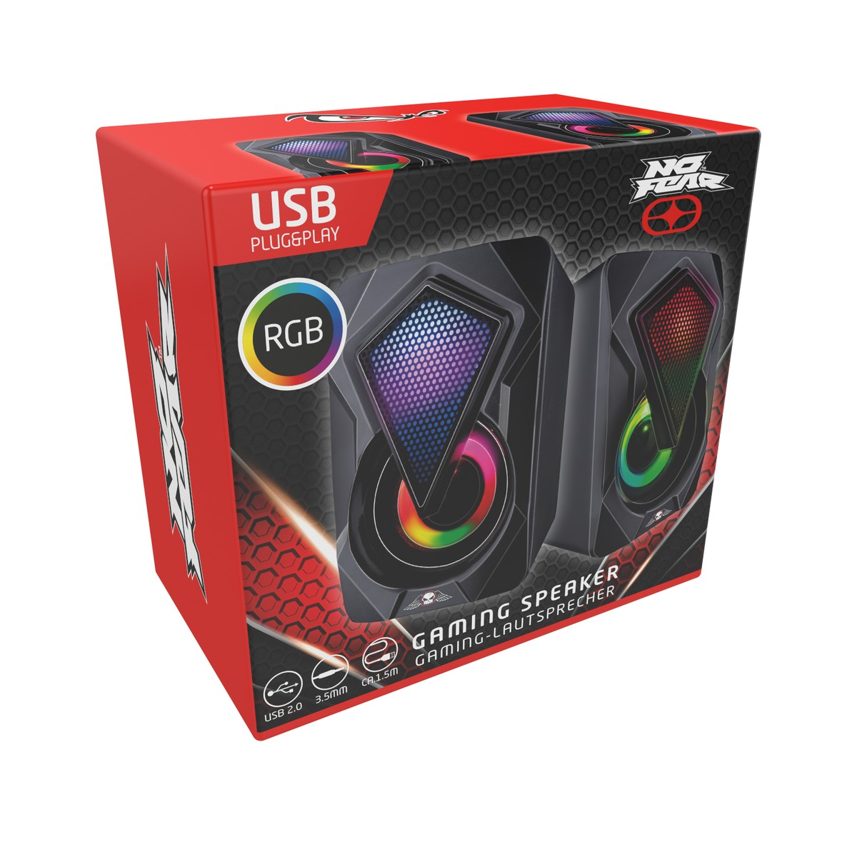 Packaging for gaming speakers with RGB lighting and USB connection.