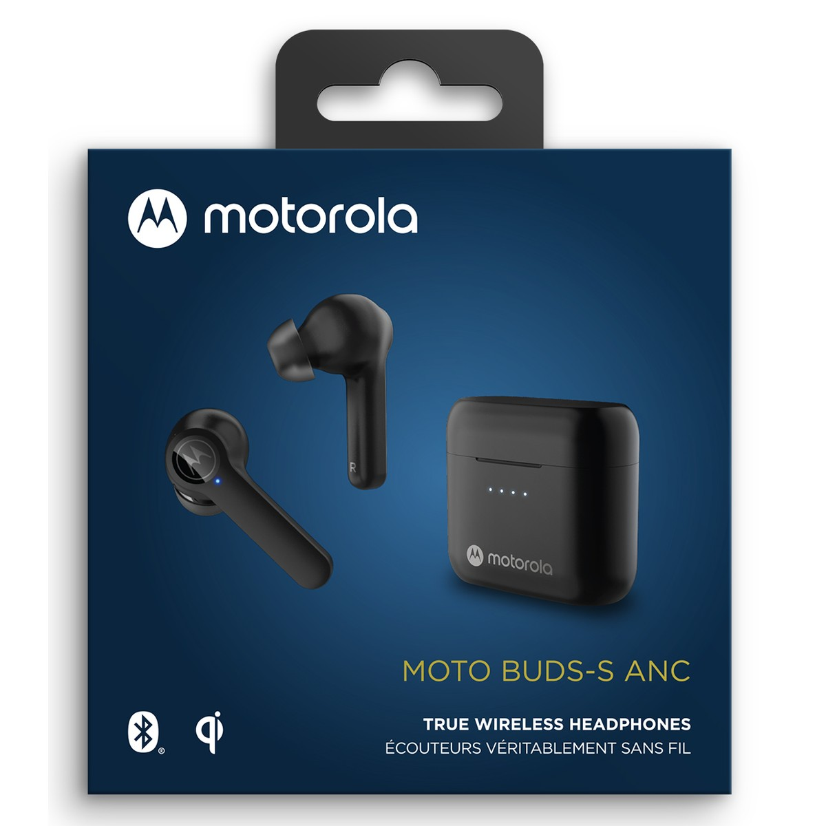 Verpackung mit Motorola Logo, schwarzen Kopfhörern und Ladecase.