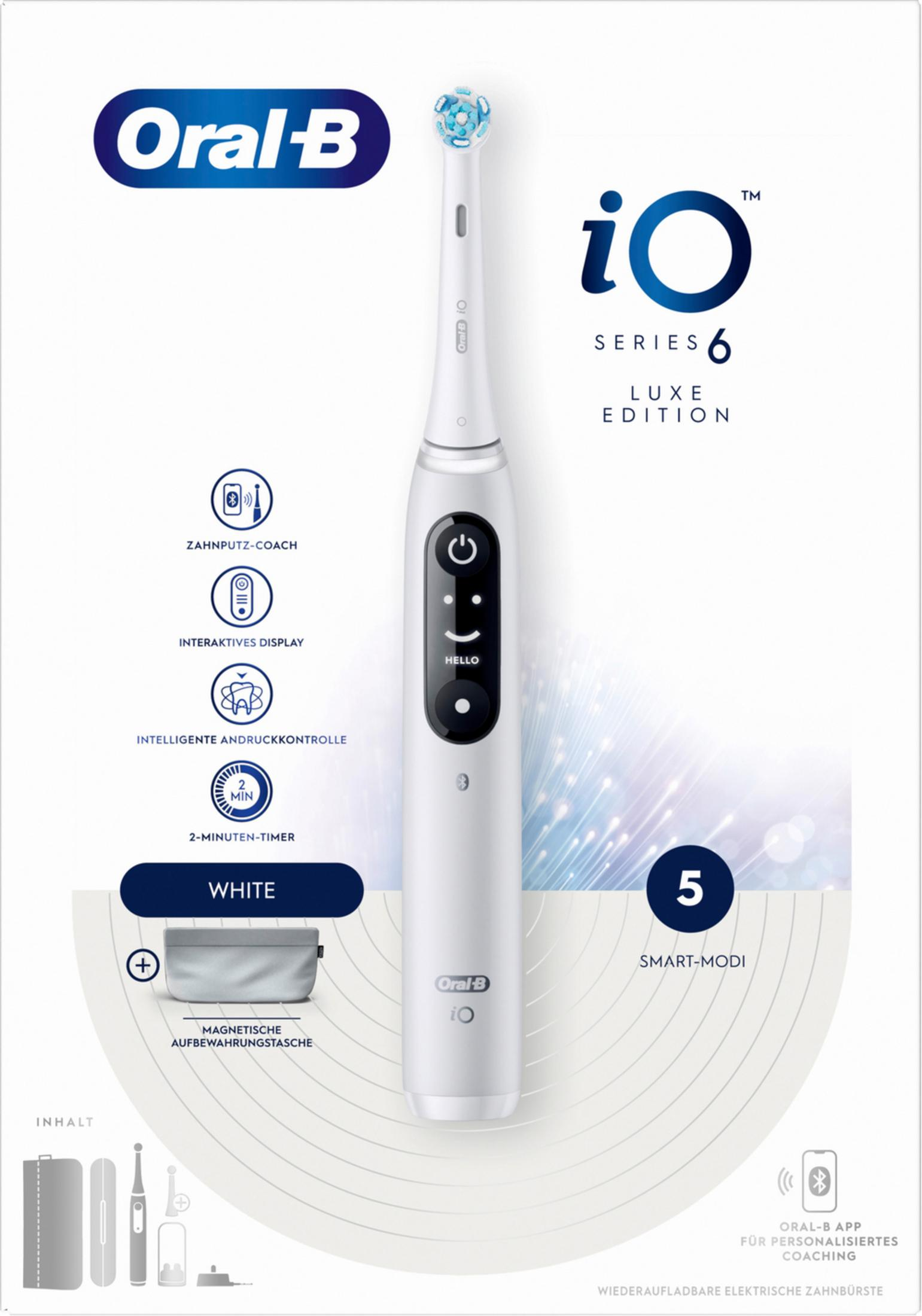 Spazzolino elettrico bianco Oral-B iO Series 6 Luxe Edition con accessori e funzioni.