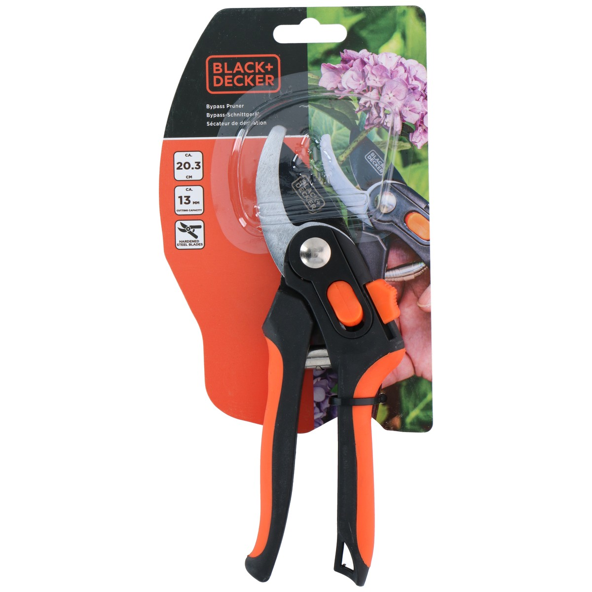 Black+Decker bypass pruners in black and orange on packaging.
