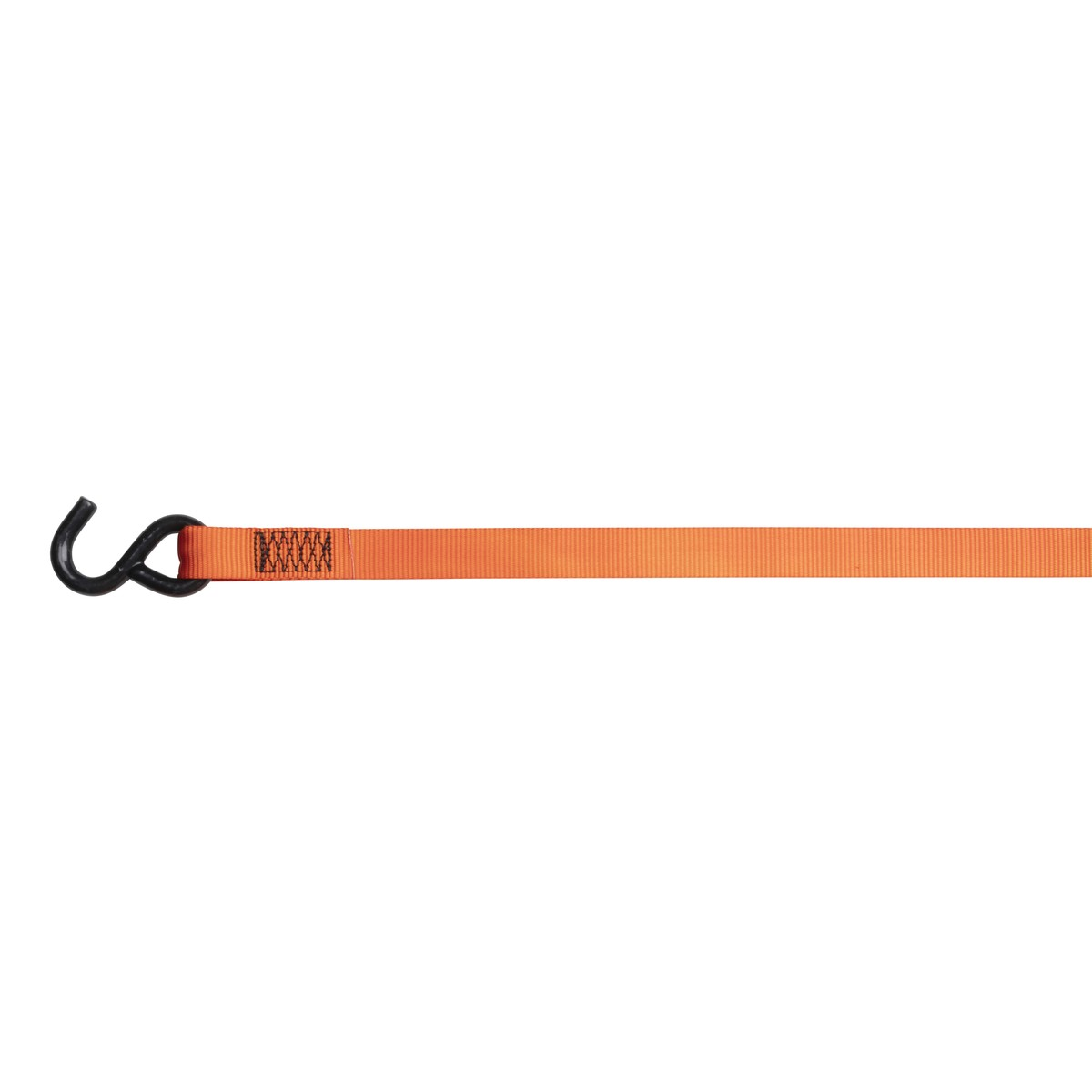 An orange strap with a black hook and reinforced stitching.