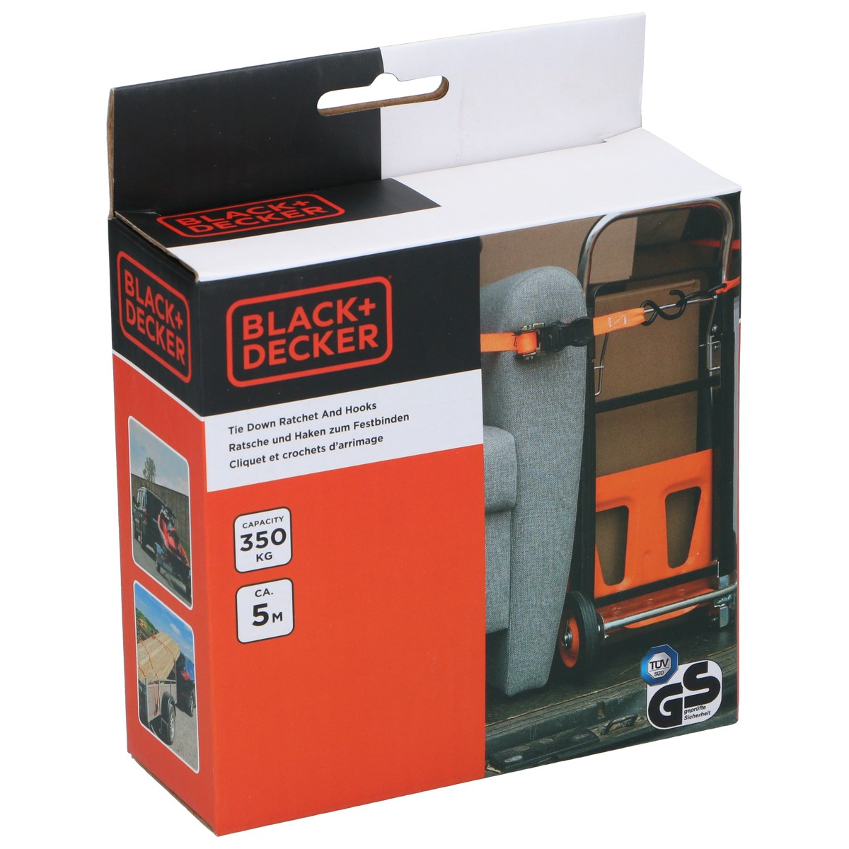 Black+Decker packaging with tie-down straps, 350kg capacity, 5m length.
