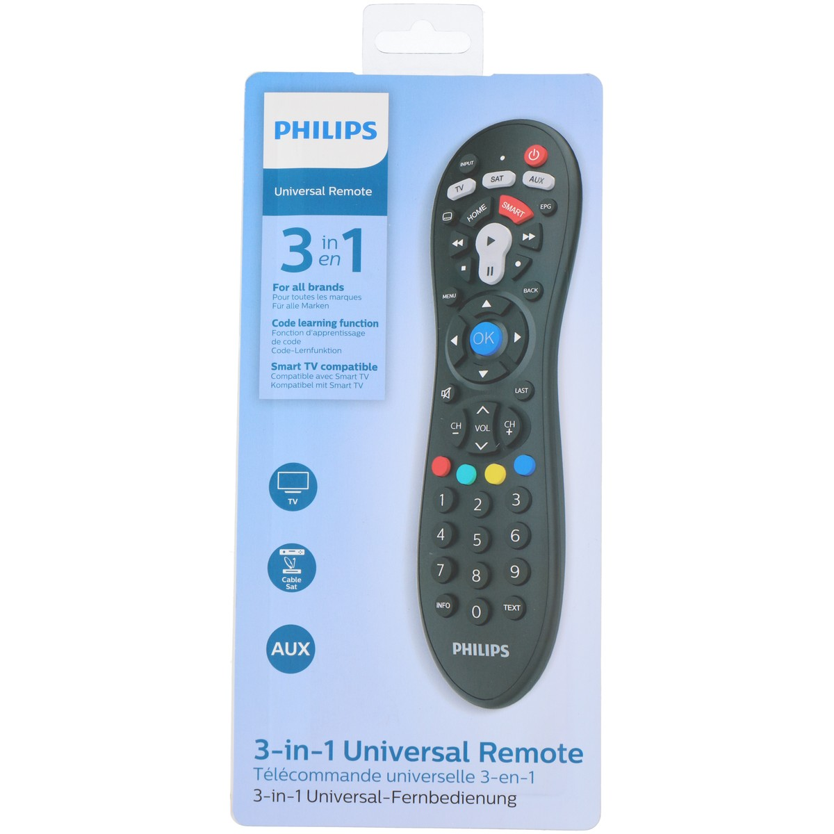 Philips Universalfernbedienung mit Tasten für TV, SAT, AUX, Smart-TV-Funktionen und Ziffern.