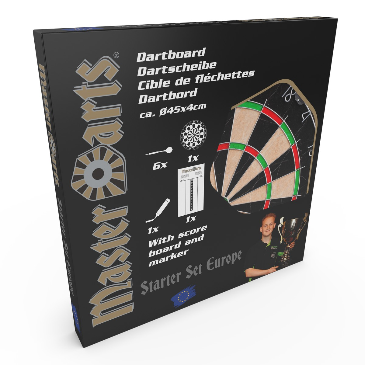 Dartboard starter set with 6 darts, scoreboard, and marker.