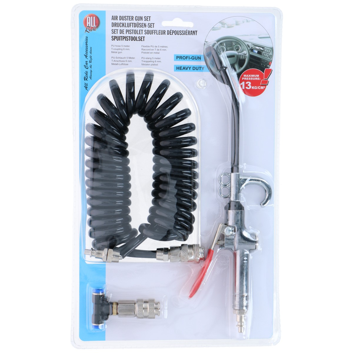 A black coiled air hose with a silver gun and red trigger, packaged for sale.