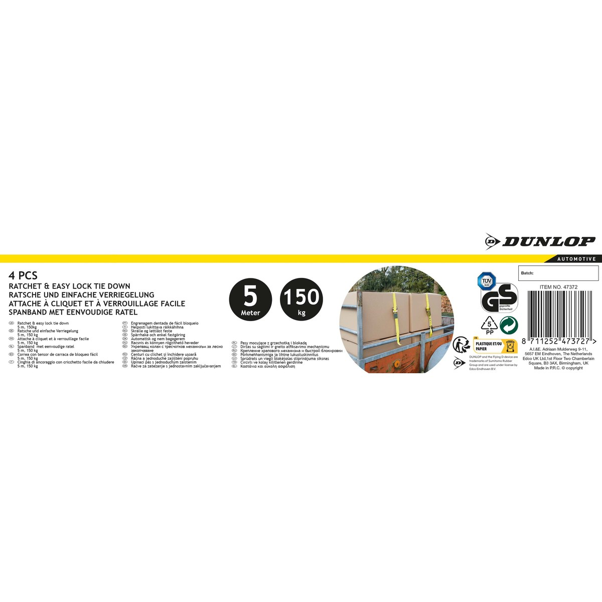 Verpakking spanbanden: 4 stuks, 5m lengte, 150kg capaciteit, Dunlop.