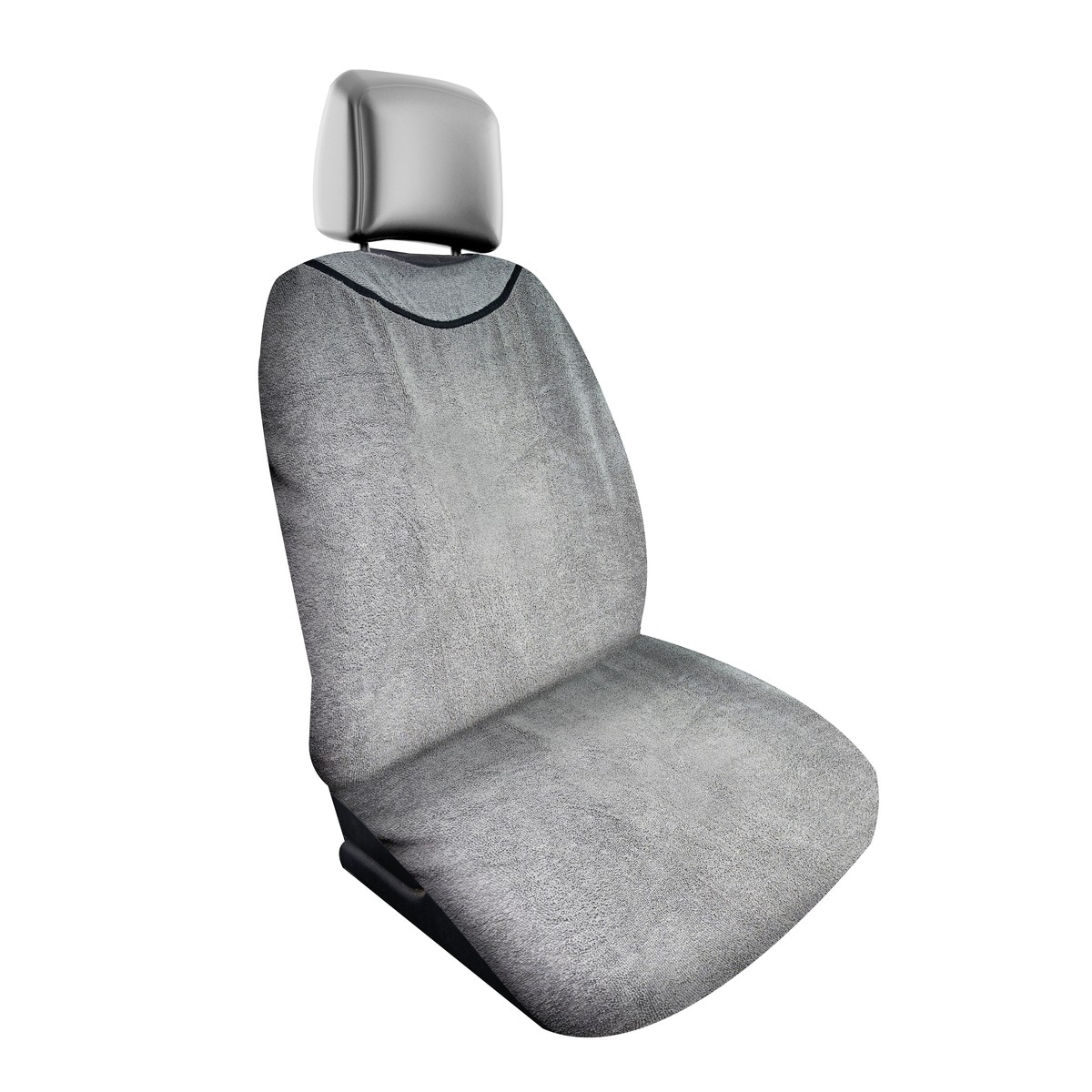 Gray car seat cover with headrest, isolated on a white background.