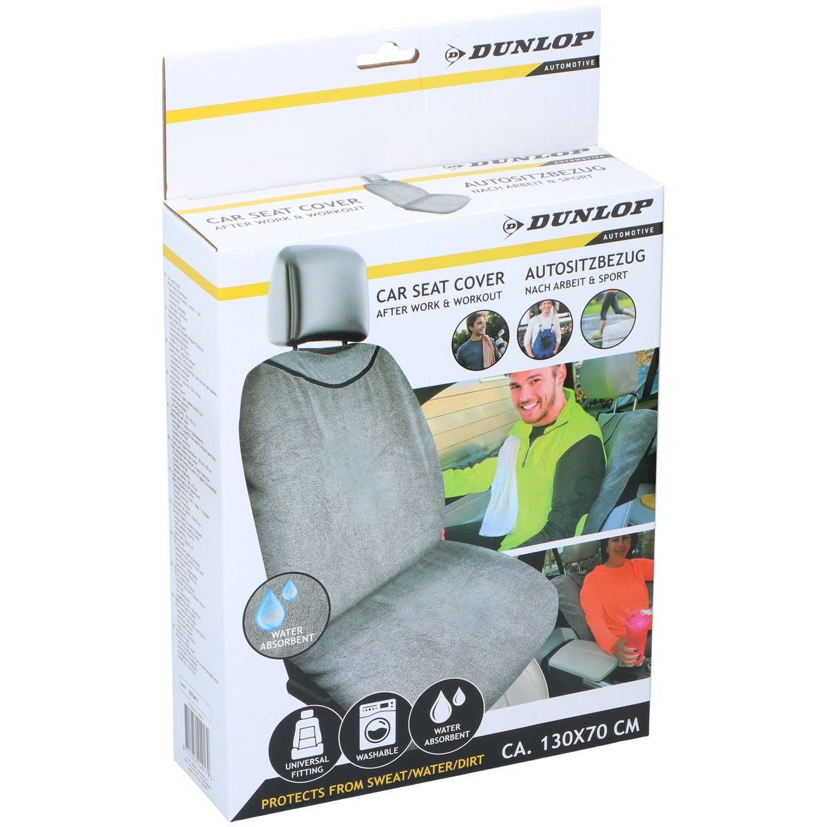Packaging of a gray Dunlop car seat cover, water absorbent.