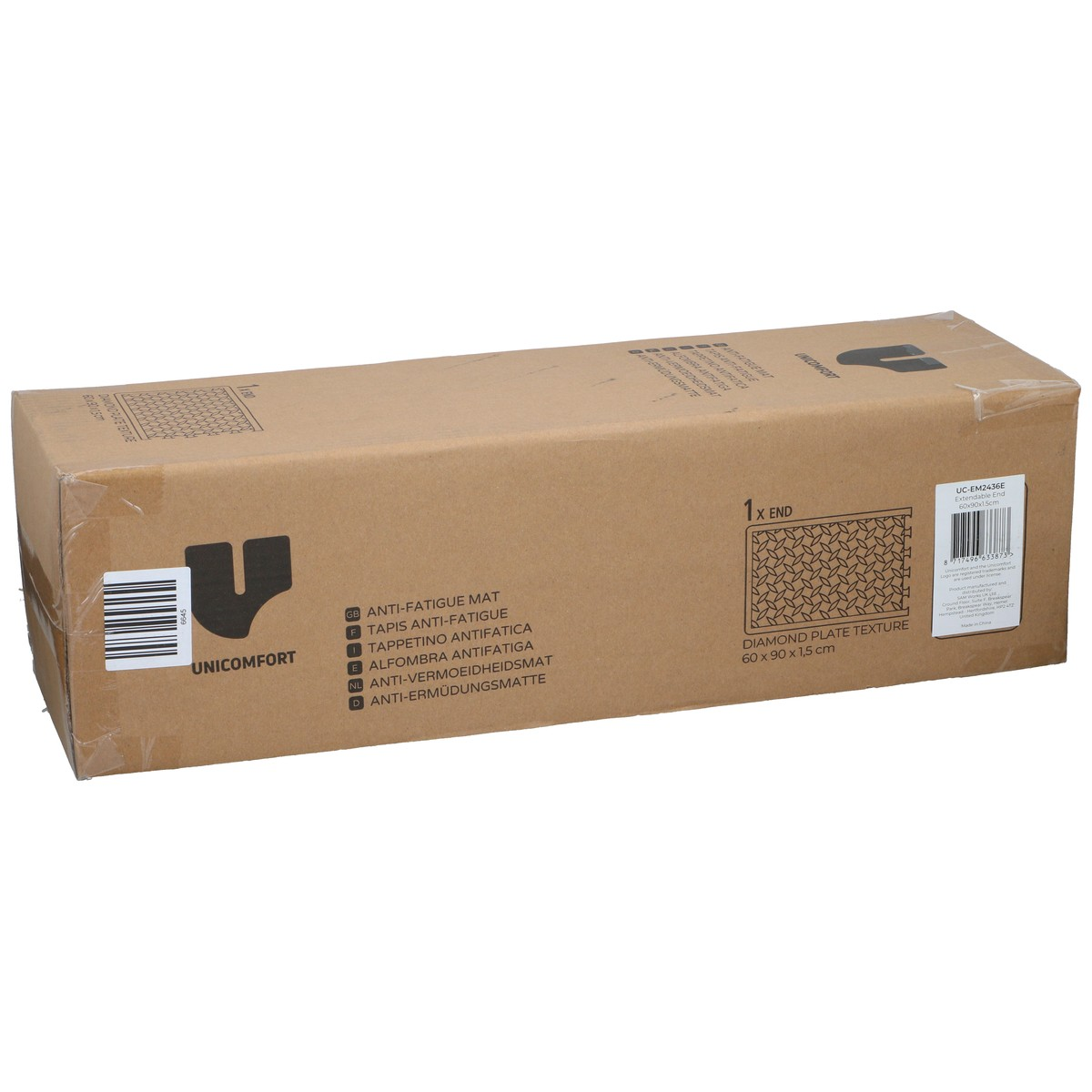 Brown cardboard box with "Unicomfort" logo, for an anti-fatigue mat.