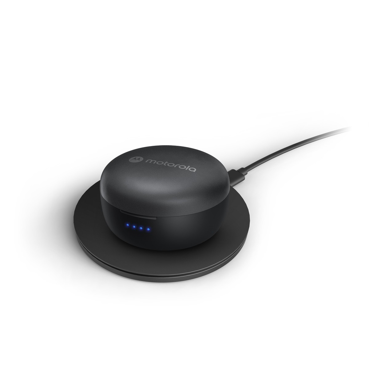 Funda de carga negra Motorola para auriculares en una base de carga redonda, con indicadores LED azules.