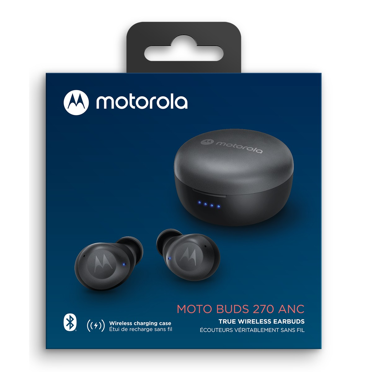 Auriculares inalámbricos Motorola Moto Buds 270 ANC con estuche de carga en caja azul.